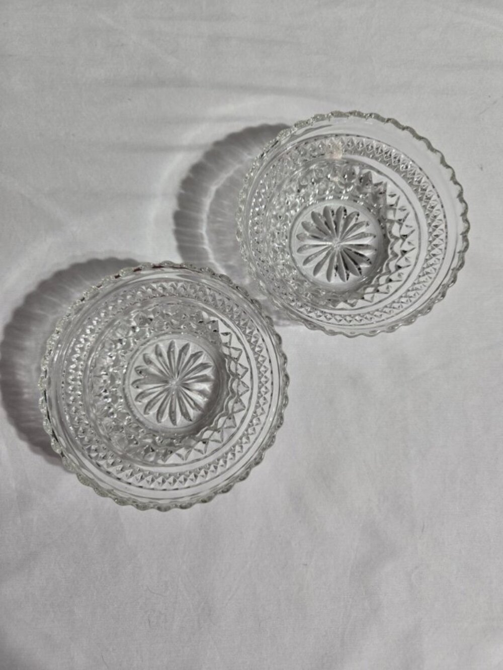 Vintage Clear Cut Glass Bowls Set of 2 Diamond Starburst Pattern Ruffled Edge 5"